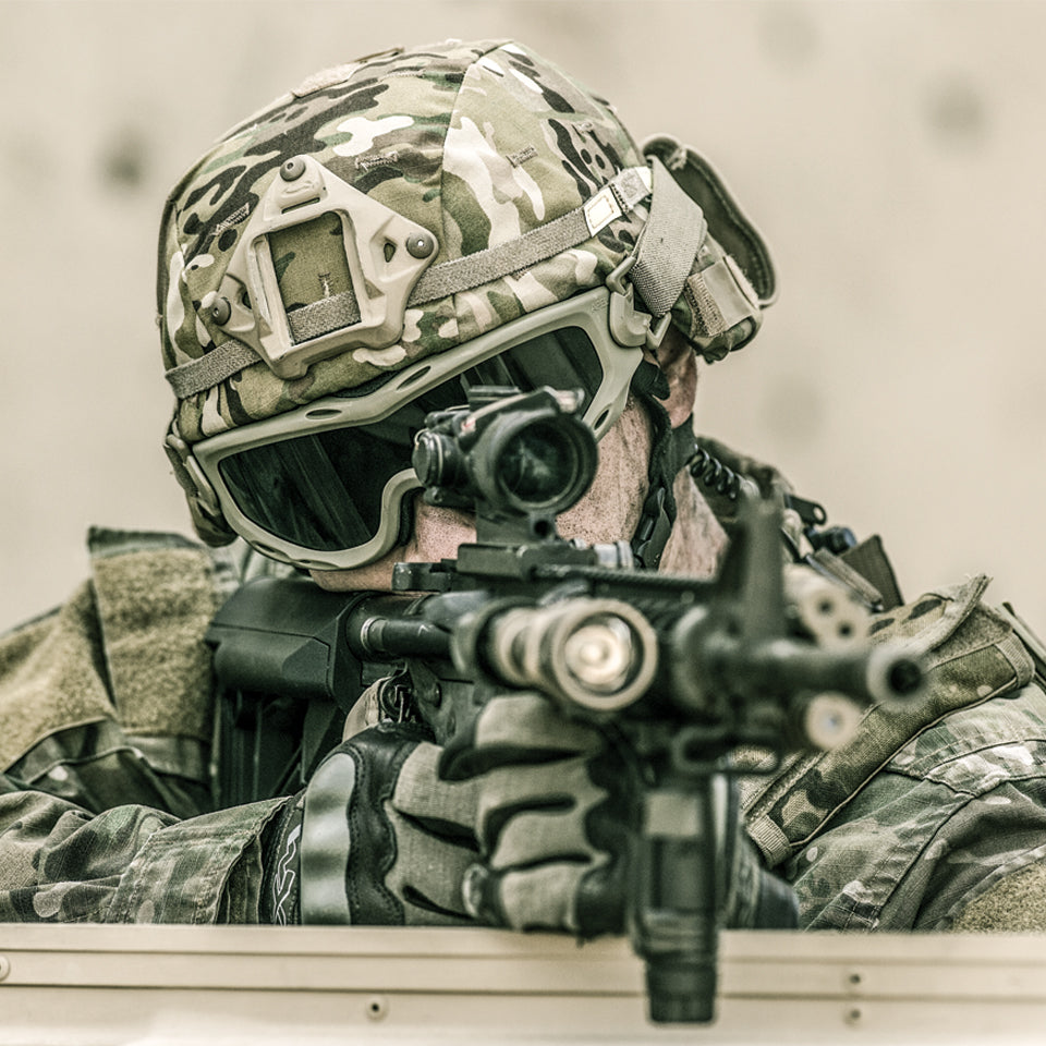 A soldier wearing Wiley X APEL Approved Goggles.