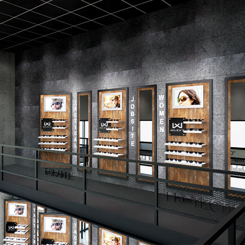 Wiley X Pro shop concept retail store design - eyewear showcase featured on wall second floor